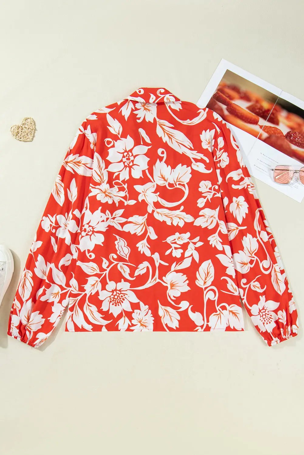 Premium Red Plus Size Floral Print Loose Button Up Shirt For Women Dear-Lover Dropshipping