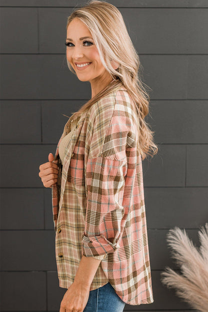 Chic pink plus size plaid long sleeve shirt with pocket detail