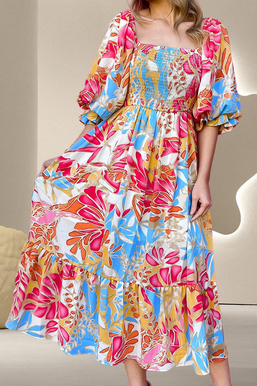 Smocked Printed Half Sleeve Midi Dress.