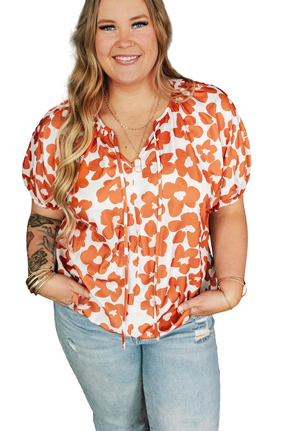 Floral Delight: Plus Size Orange V Neck Blouse with Drawstring Detail