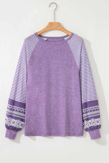 Tillandsia Purple Contrast Print Striped Raglan Long Sleeve