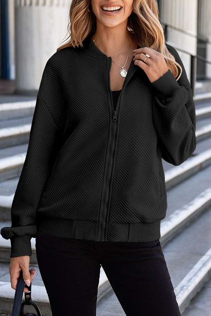 Sleek black bomber jacket with stand neck