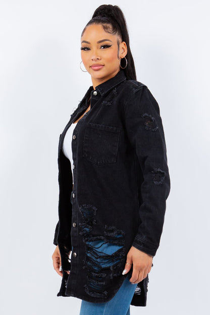 Distressed denim jacket for women