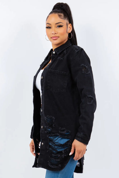 American Bazi Distressed Button Up Long Sleeve Denim Jacket - Love Salve 