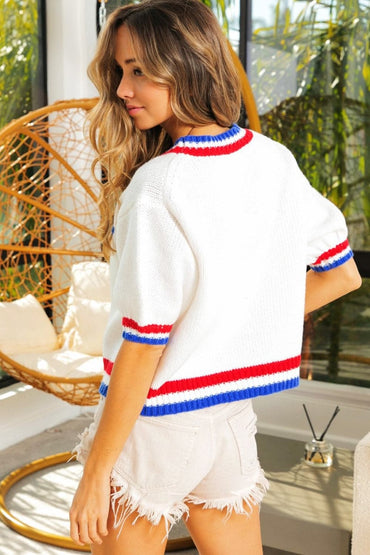 BiBi Metallic America Letter Short Sleeve Sweater.