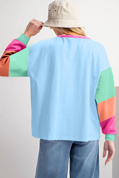 Colorblock Patchwork Long Sleeve Top in Dark Blue