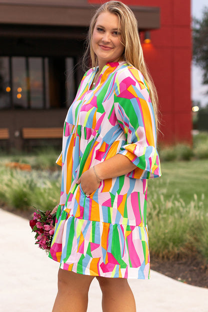 Vibrant multicolour plus size abstract print tiered mini dress with ruffles