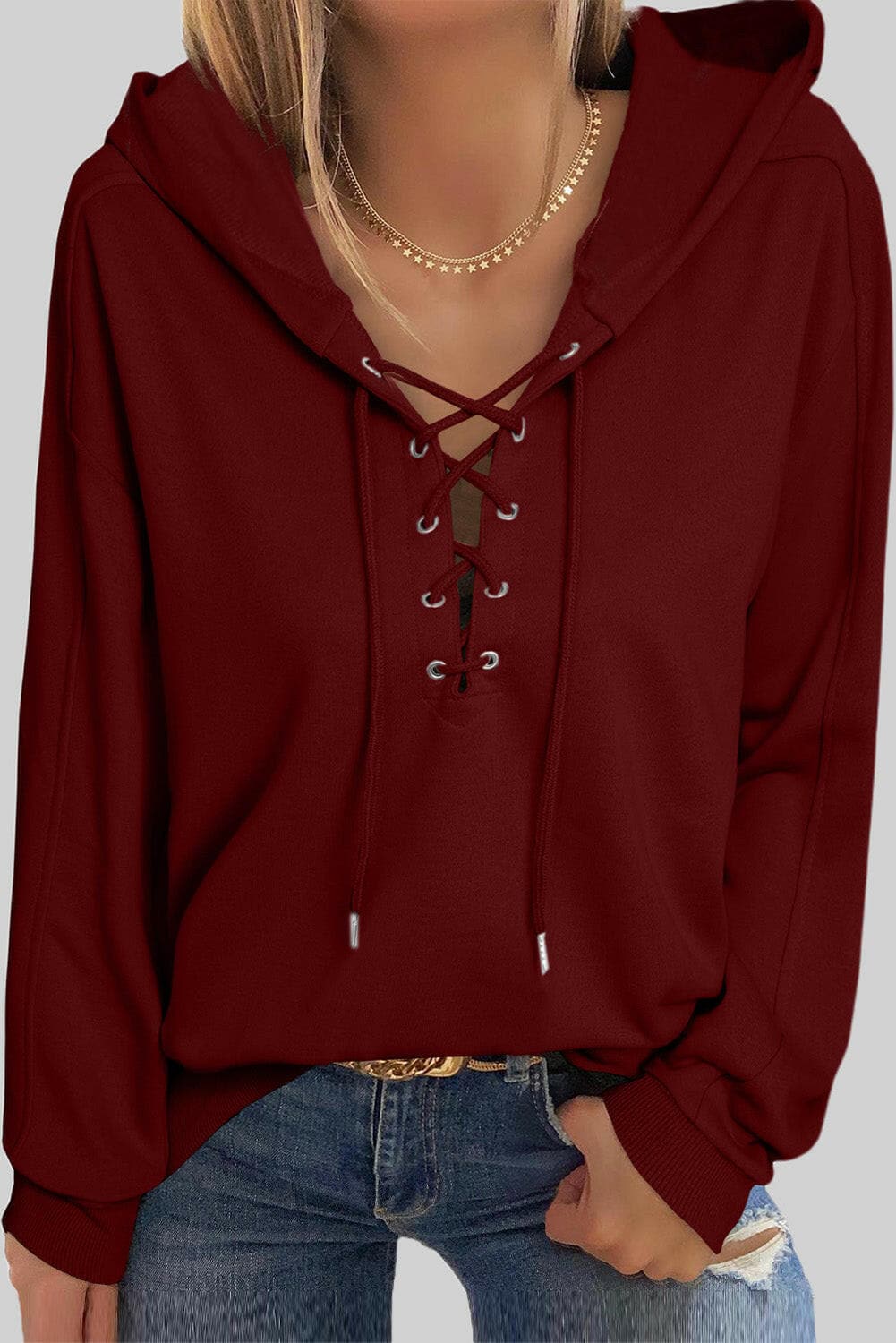 Lace-Up Dropped Shoulder Hoodie.