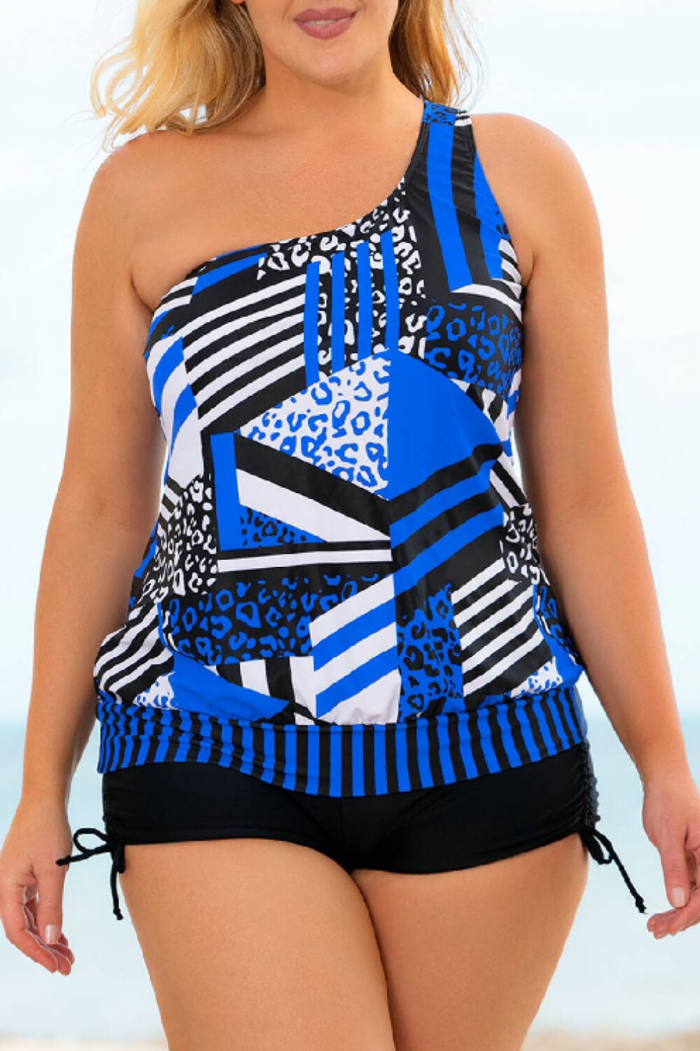 Plus Size Patchwork Tied One-Shoulder Tankini Set.