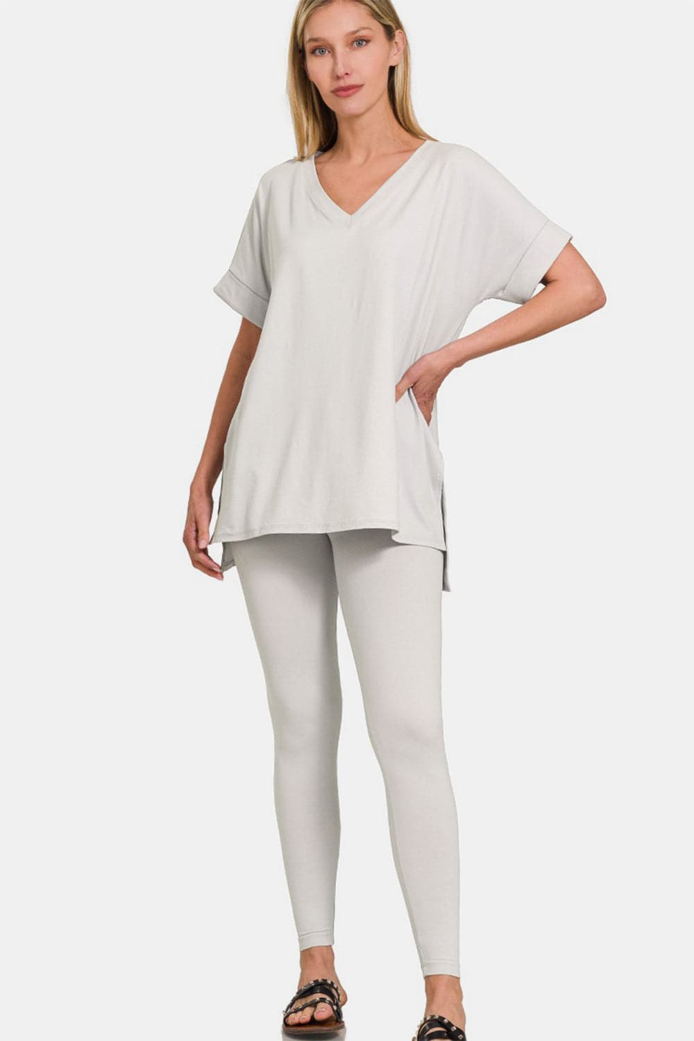 Zenana V-Neck Rolled Short Sleeve T-Shirt and Leggings Lounge Set.