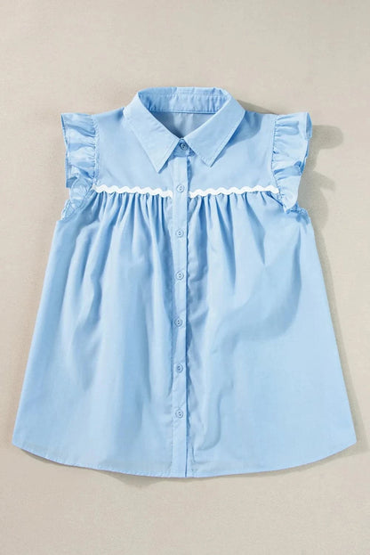 Ruffled Collared Neck Cap Sleeve Shirt.