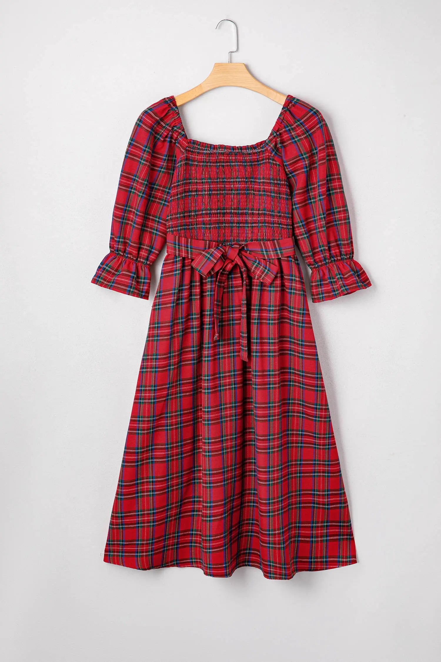 Red Tartan Plaid Square Neck Puff Sleeve Knot Waist Flared Midi Dress Dear-Lover Dropshipping