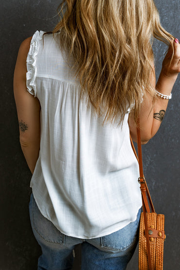 Chic white ruffled trim tank top with buttoned split neck