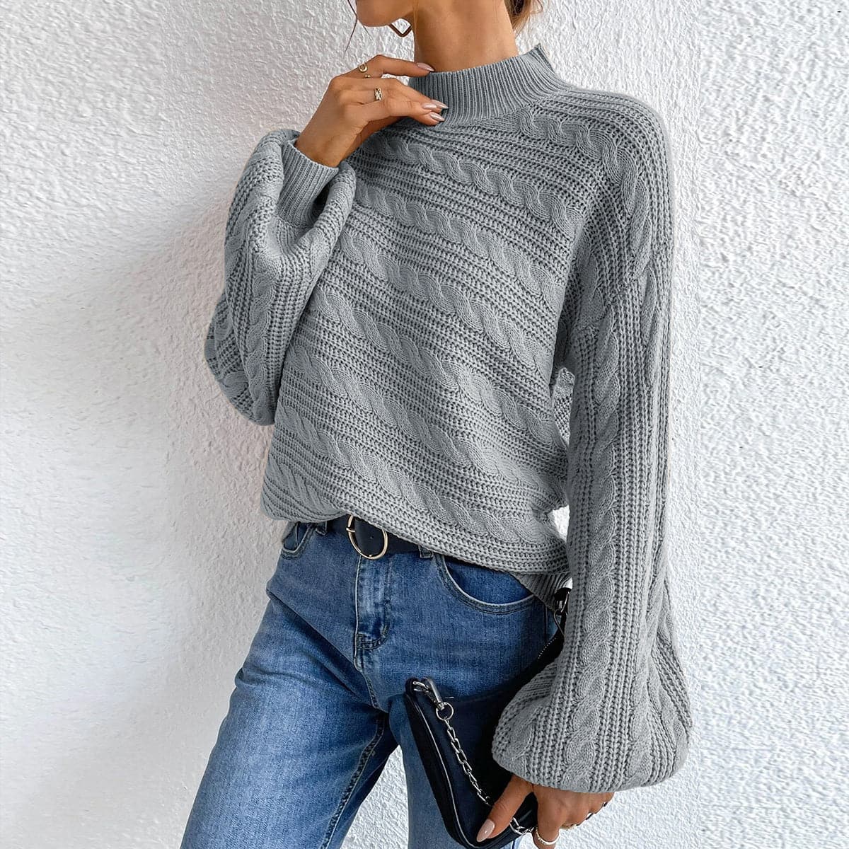 Cable-Knit Mock Neck  Long Sleeve Sweater.