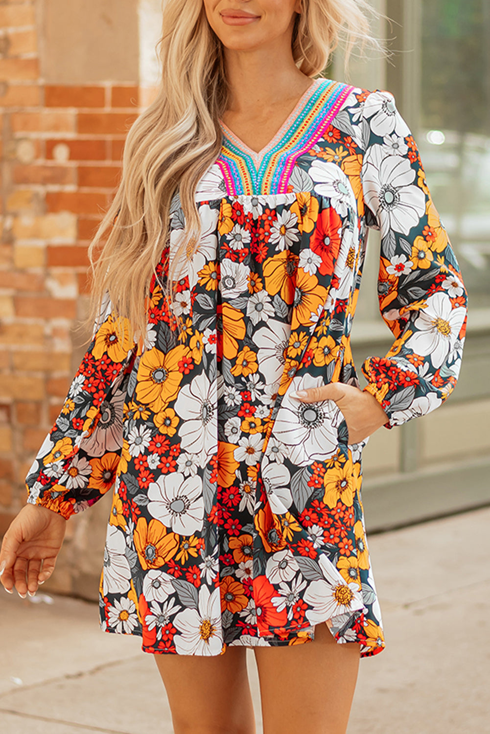 Orange Floral Print Lace V Neck Long Sleeve Mini Dress Dear-Lover Dropshipping