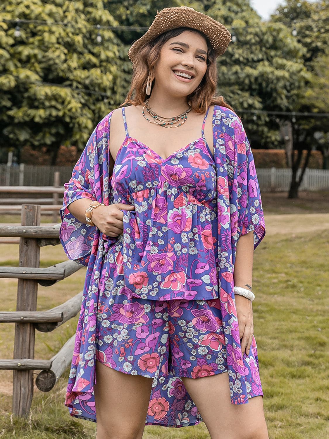 Plus Size Printed Cami, Open Front Cover Up and Shorts Set.