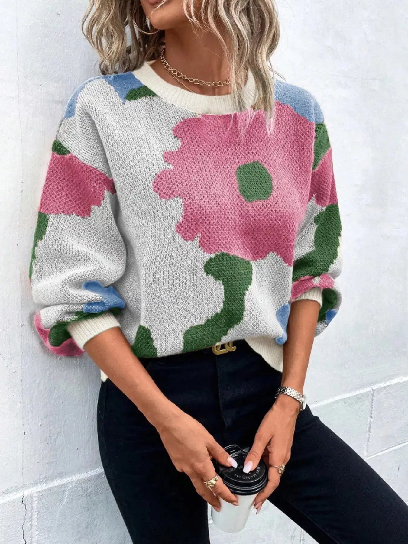 Floral Pattern Round Neck Sweater Simply Love