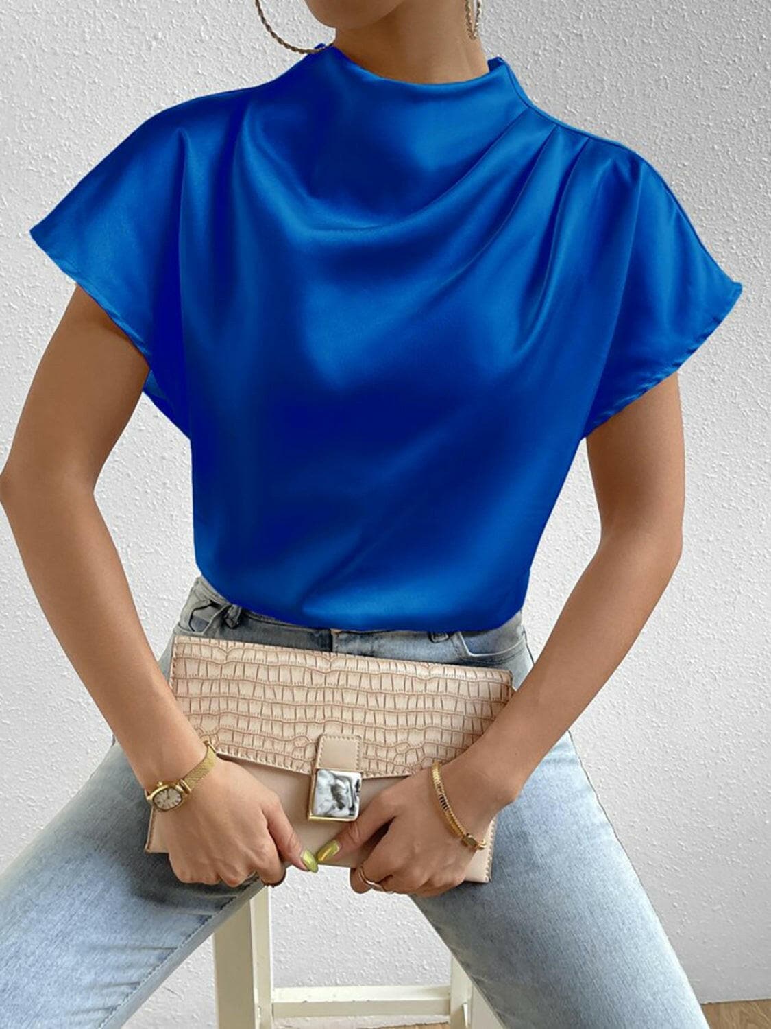 Ruched Mock Neck Short Sleeve Blouse.