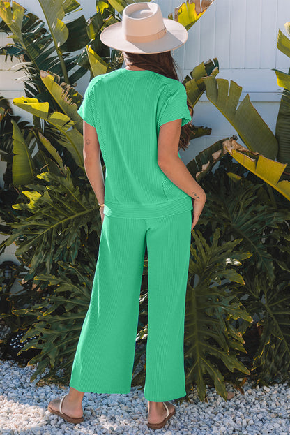 Bright Green Solid Corded Knit Short Sleeve T Shirt Set