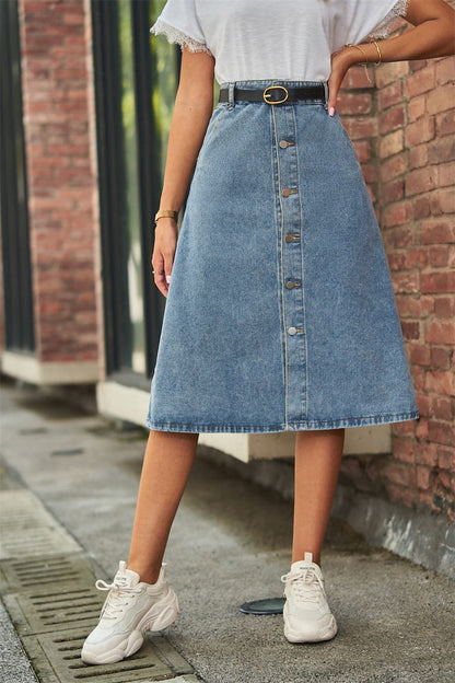 Button Front A-Line Denim Skirt.