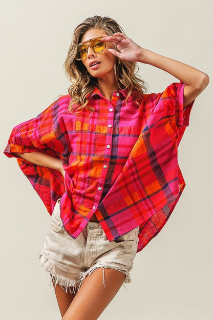 BiBi Button Up Dolman Sleeve Plaid Shirt.