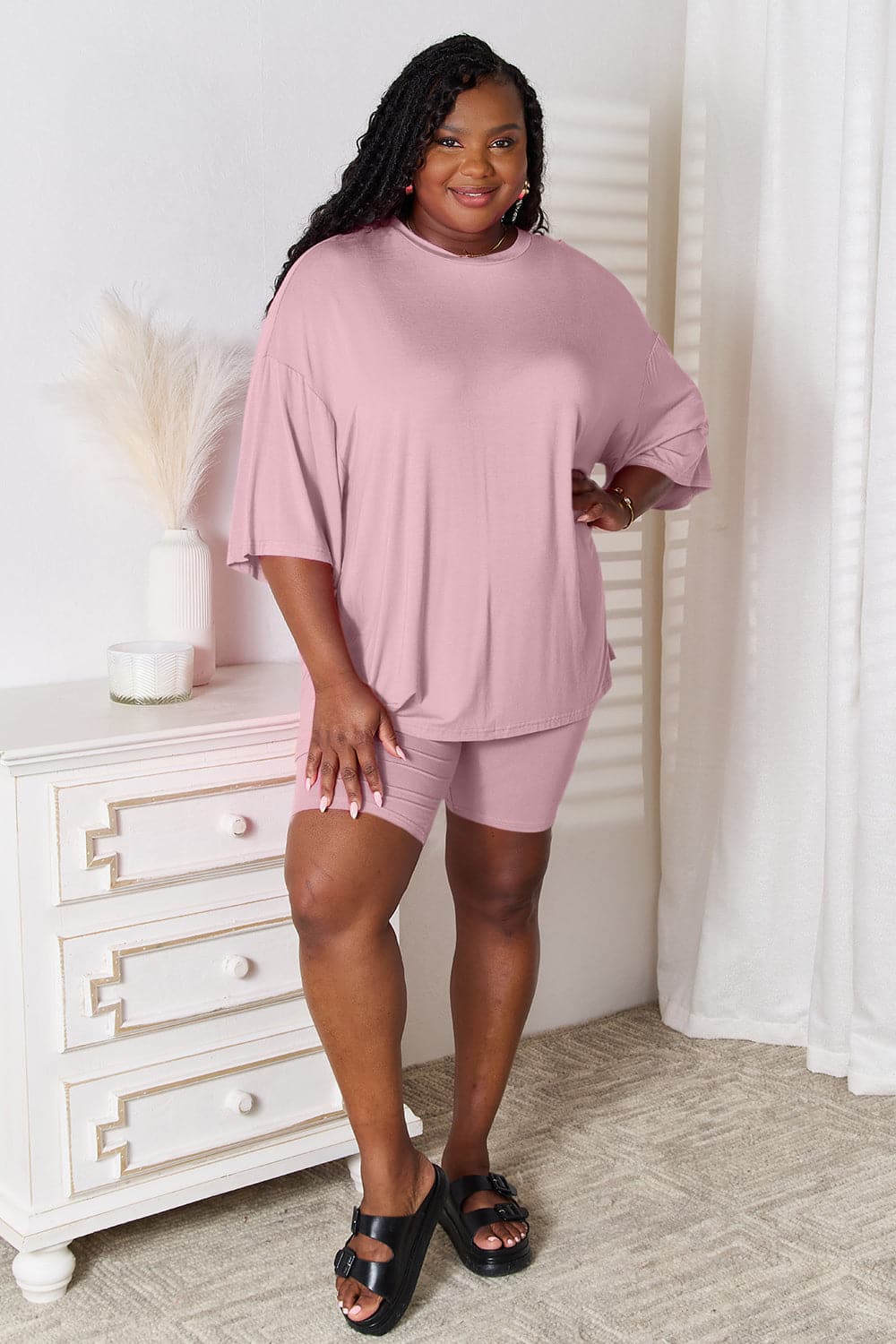 Basic Bae Full Size Soft Rayon Three-Quarter Sleeve Top and Shorts Set.