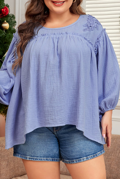 Elegant plus size crochet detail babydoll blouse in beau blue