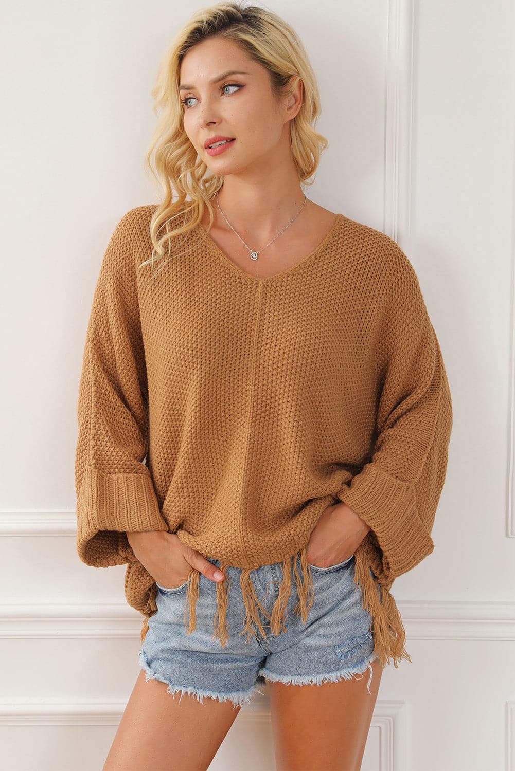 Fringe V-Neck Long Sleeve Sweater.