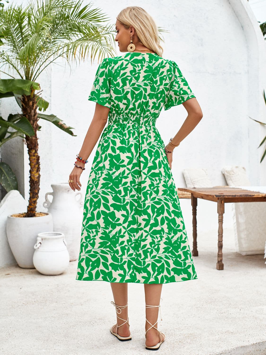 Printed Surplice Short Sleeve Midi Dress.