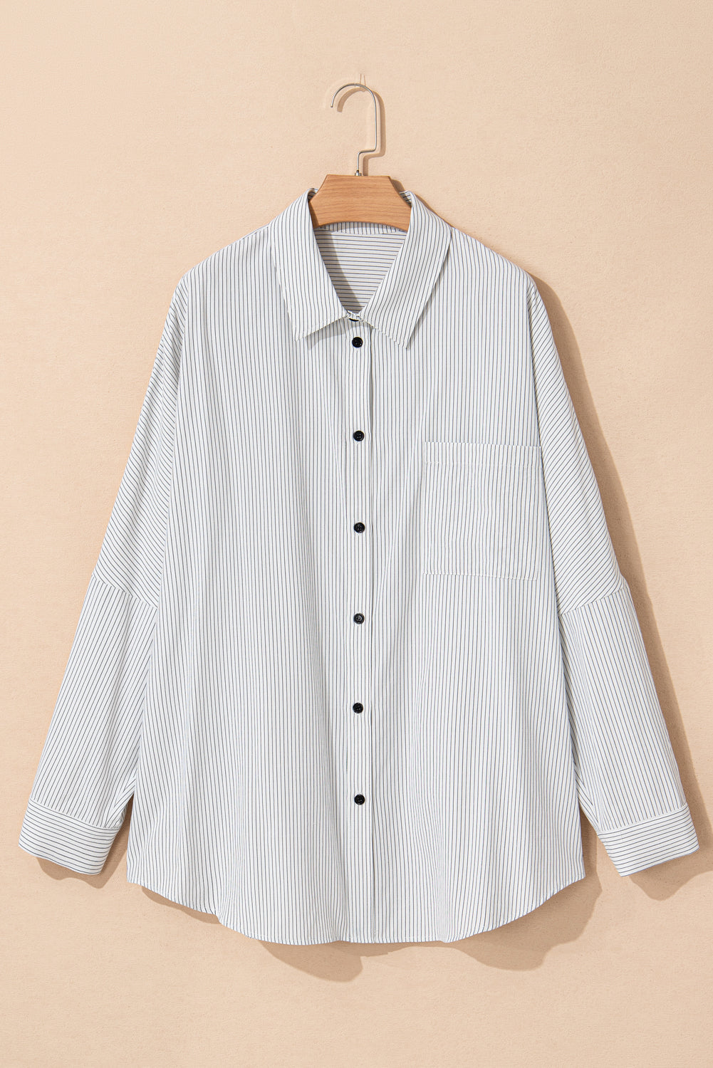 Chic white striped plus size shirt with rolled tab sleeves