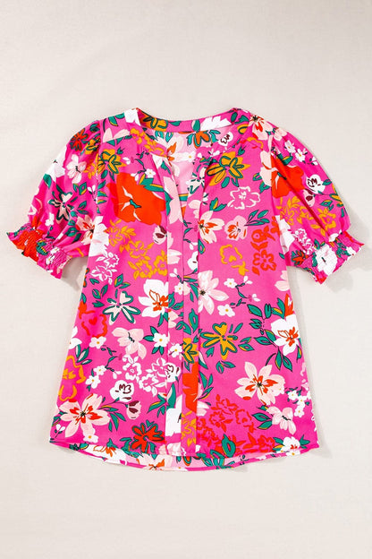 Printed Notched Short Sleeve Blouse.