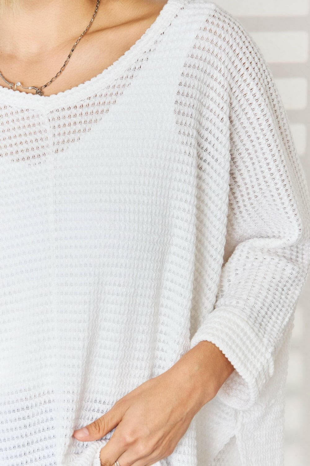 Zenana Full Size Waffle Knit V-Neck Long Sleeve Slit Top.