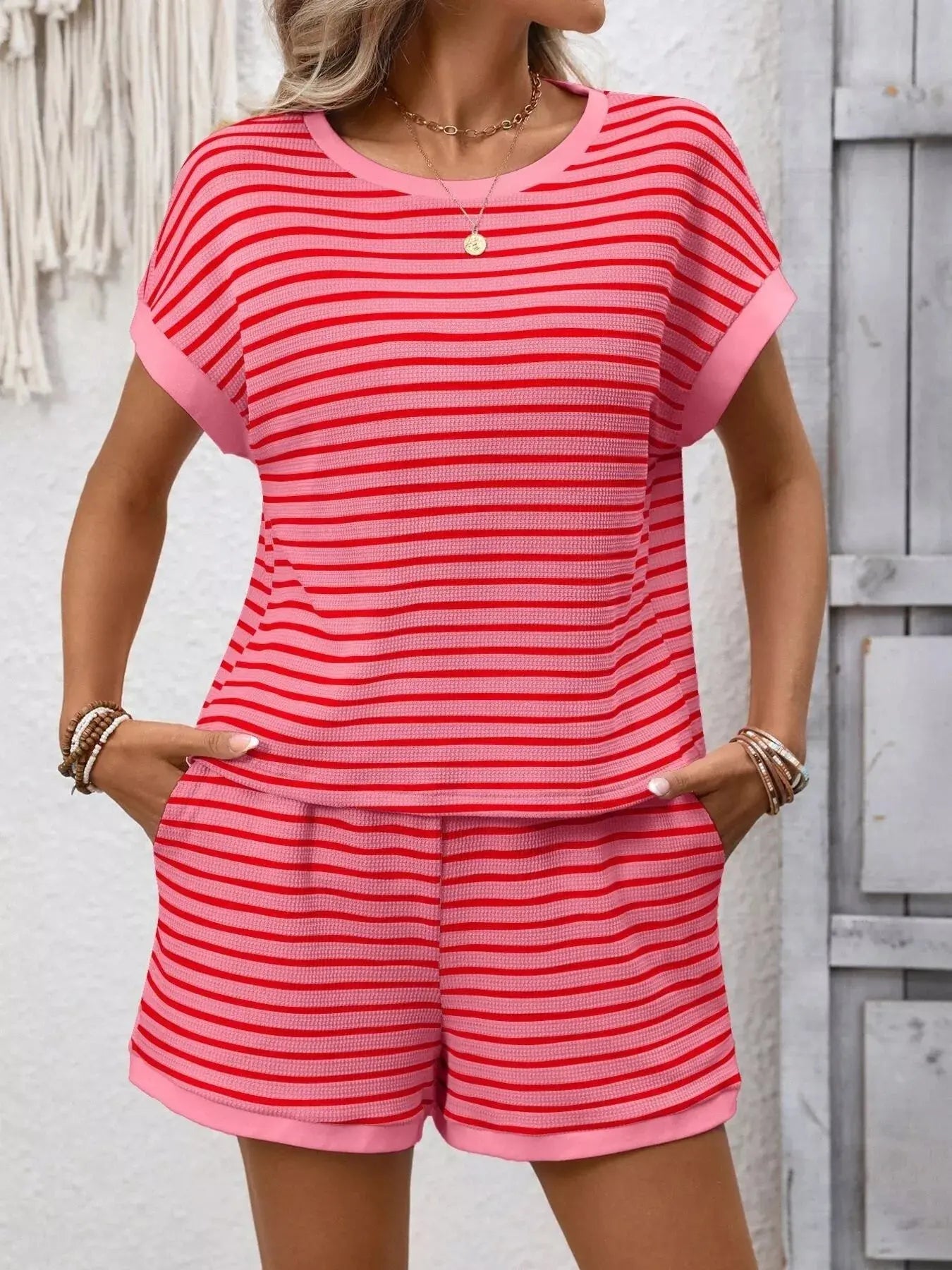 Striped Casual Round Neck Top and Shorts Set Simply Love