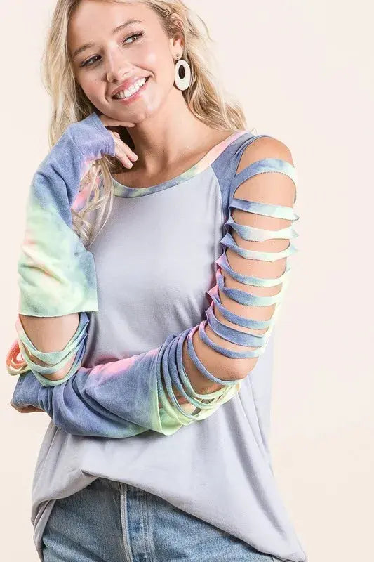 BiBi Jersey Knit Top with Tie Dye Laser Cut Sleeves - Love Salve 