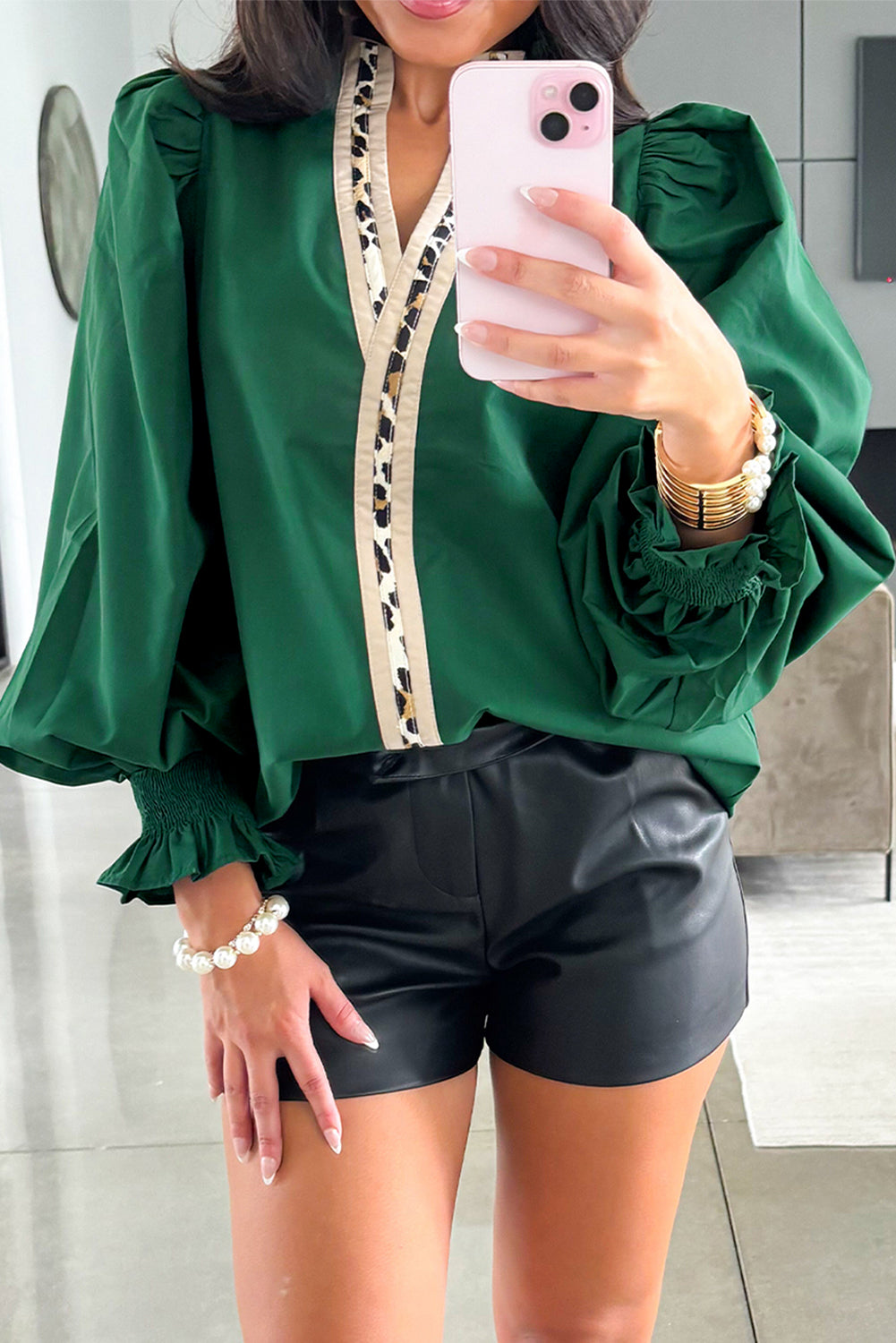 Evergreen Leopard Trim V Neck Blouse With Puffy Flounce Sleeves Dear-Lover Dropshipping