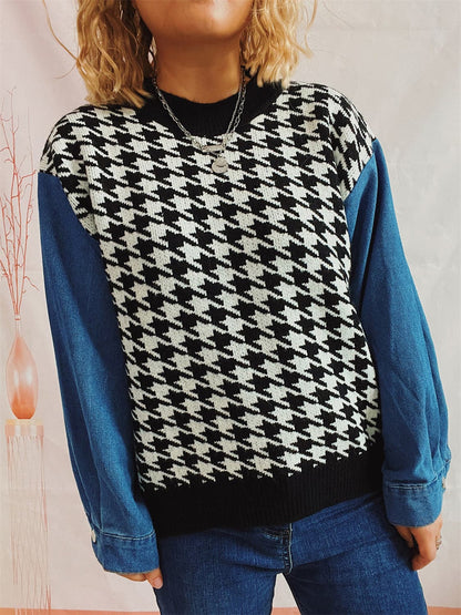 Houndstooth Denim Sleeve Sweater.