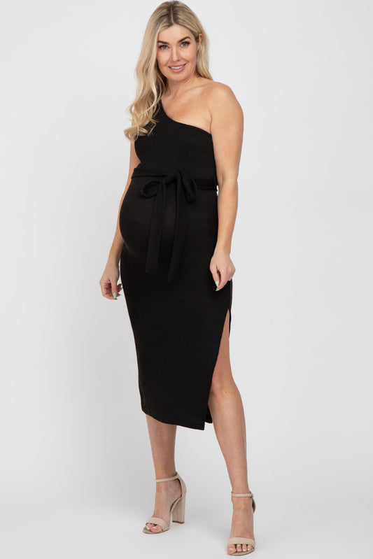 Black Ribbed One Shoulder Side Slit Maternity Midi Dress PinkBlush