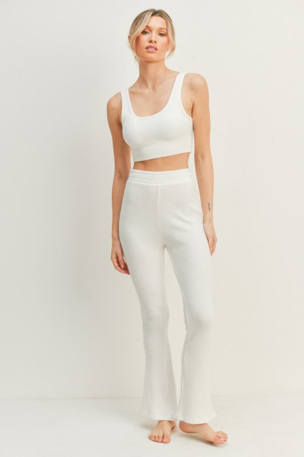 Kimberly C Waffle Tank and High Waist Flare Pants Set.