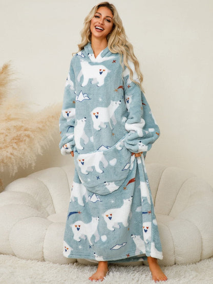 Cozy hooded fleece dress with pockets