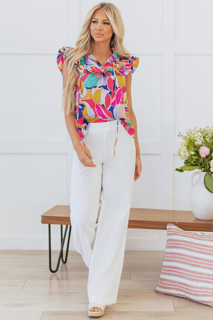 Pink Ruffled Flutter Sleeve Blouse with Abstract Print and Tied Split V Neck