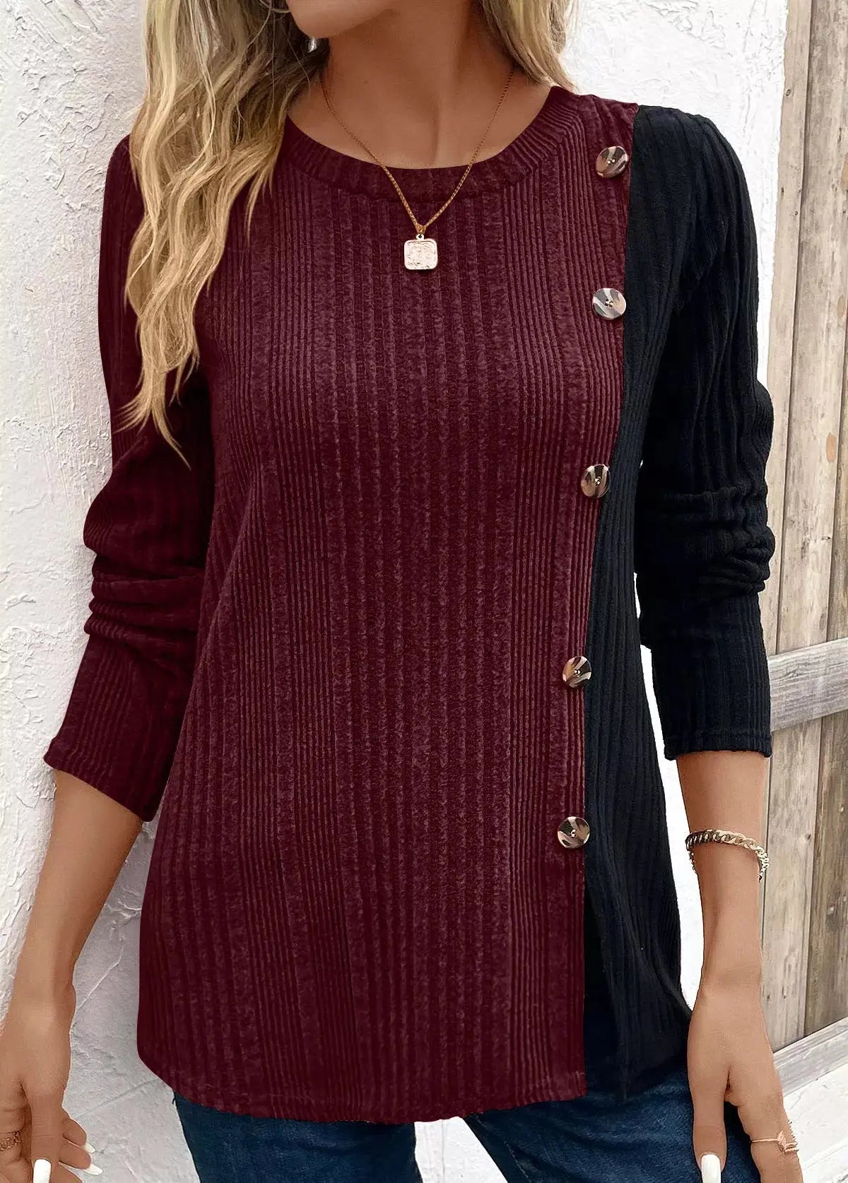 Color Block Ribbed Knit Top With Decorative Buttons Slit Detail Simply Love