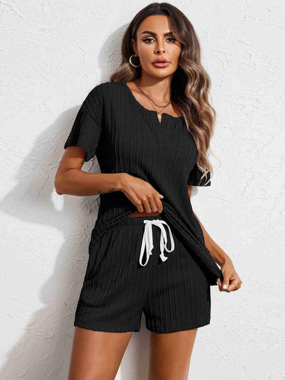 Notched Short Sleeve Top and Shorts Set.