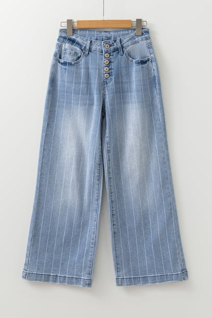 Beau Blue Multi Buttons Pinstripe Wide Leg Jeans for Women