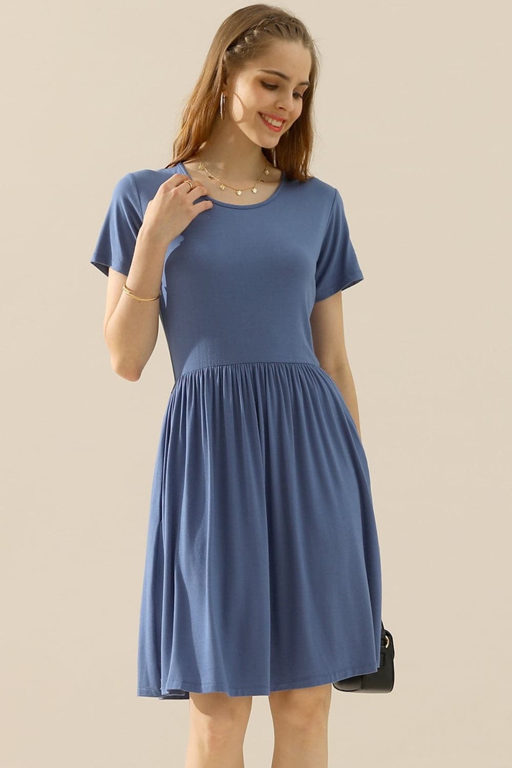 Ninexis Full Size Round Neck Ruched Dress with Pockets.