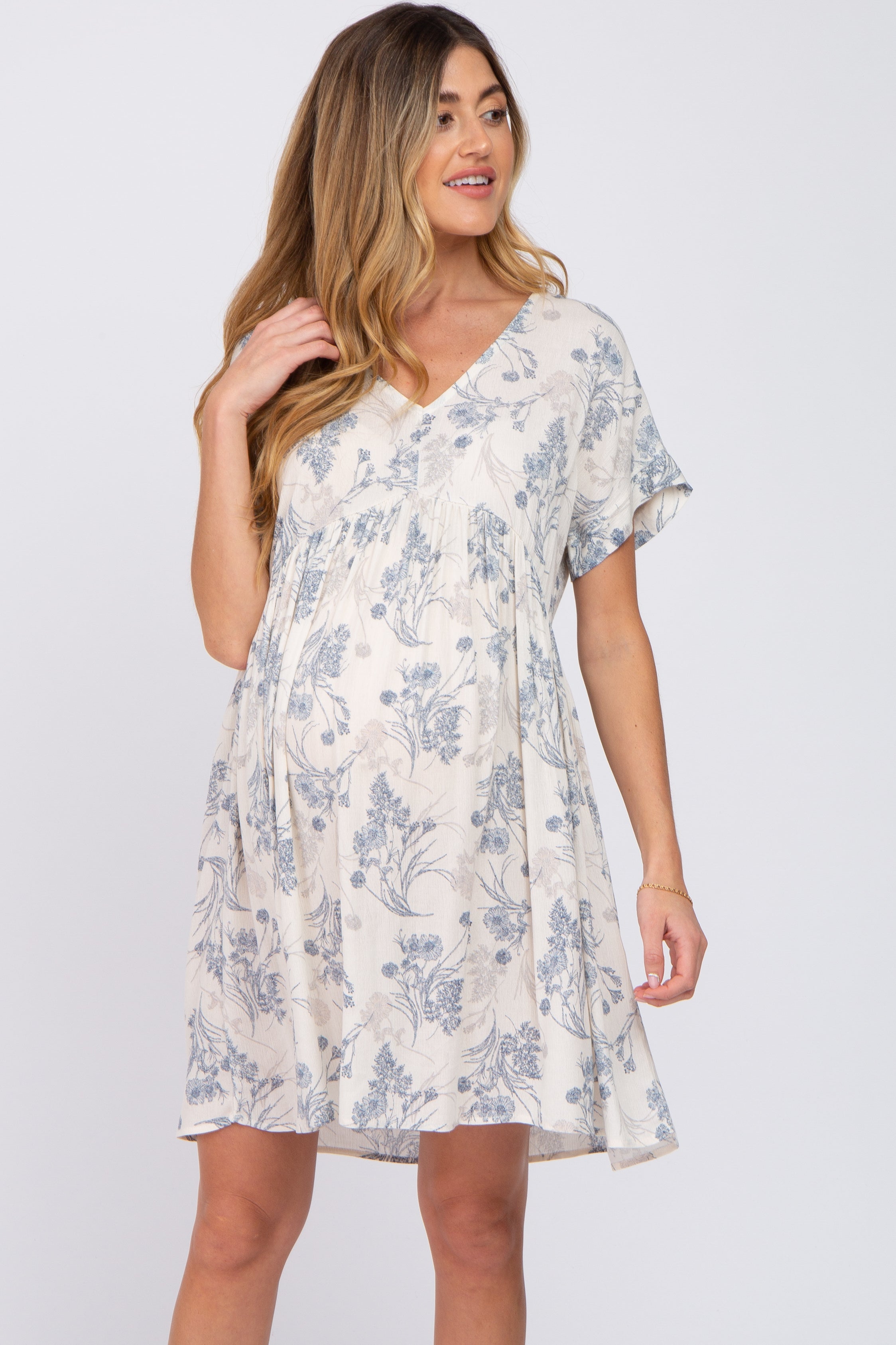 Blue Floral V-Neck Maternity Dress PinkBlush