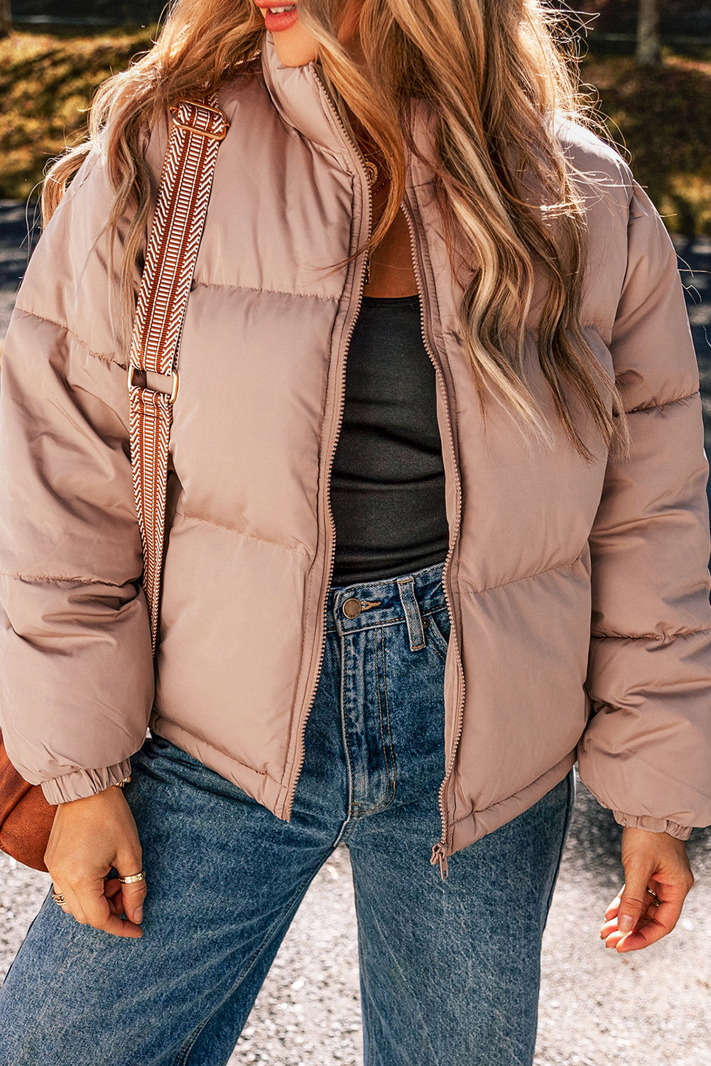 Chic apricot pink quilted puffer jacket with full zipper