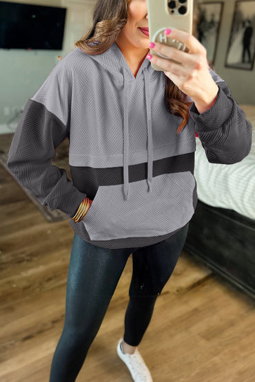 Textured gray color block drop shoulder hoodie with kangaroo pockets