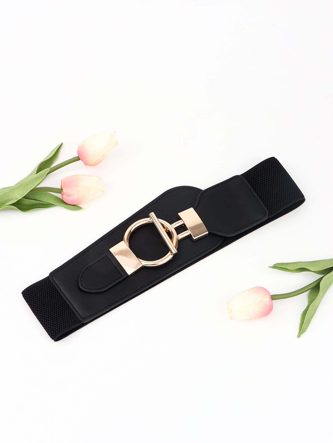 PU Elastic Wide Belt with Alloy Buckle.