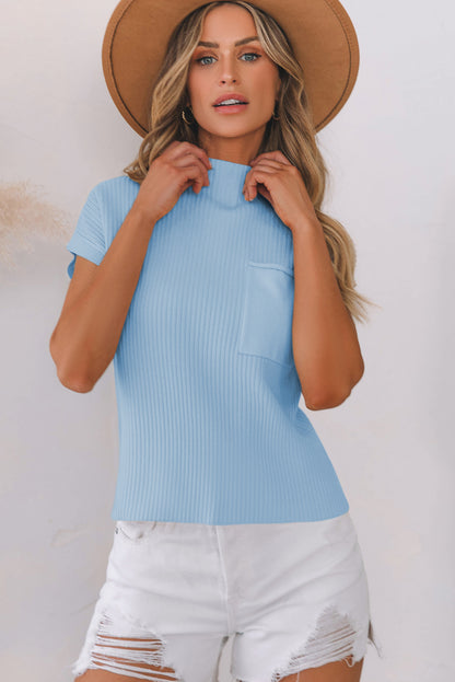 Beau Blue Ribbed Knit Short Sleeve Sweater with Pocket