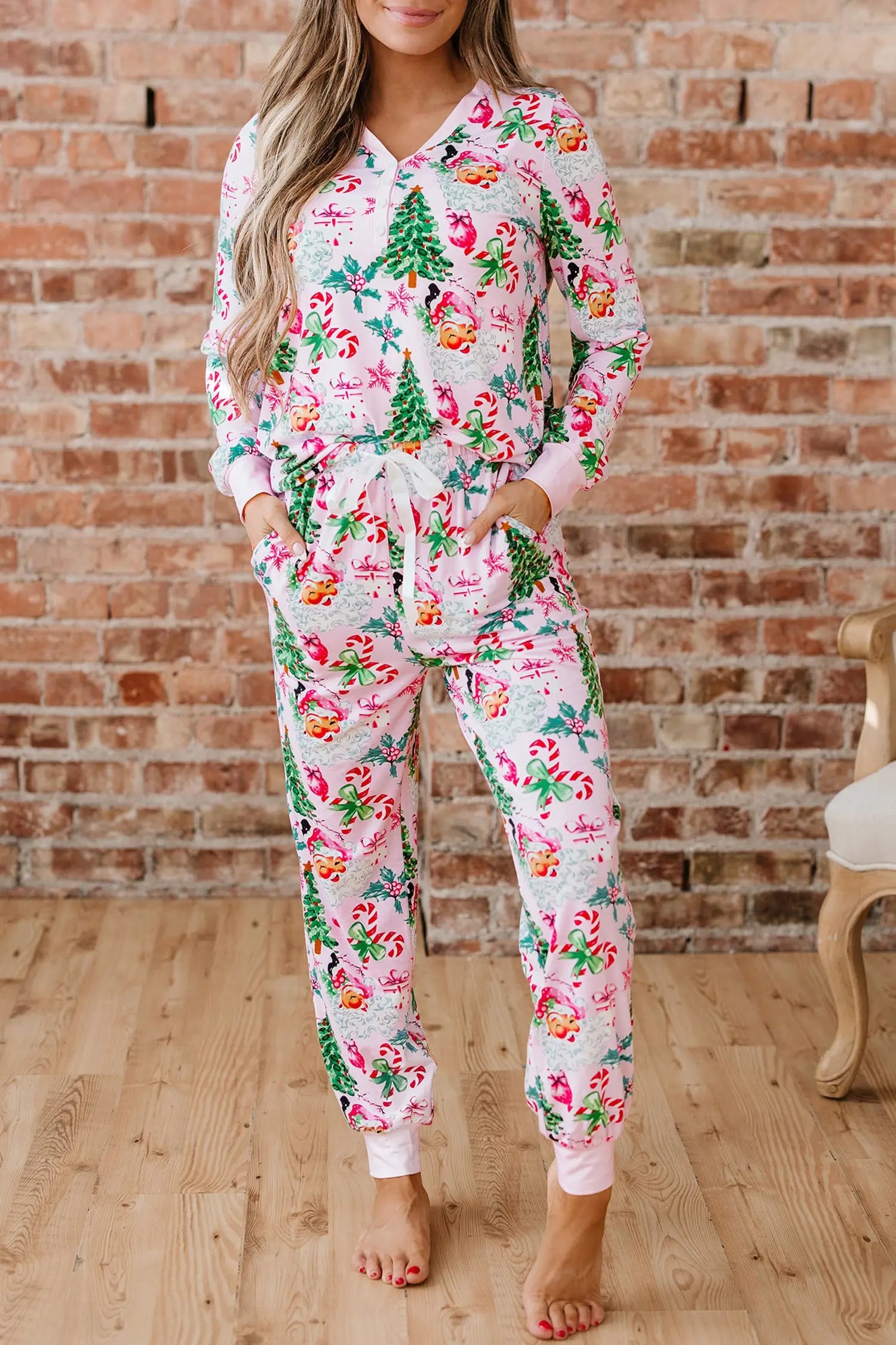 Pink Christmas Pattern Two Piece Lounge Set With Button V Neck Pullover Pants Dear-Lover Dropshipping